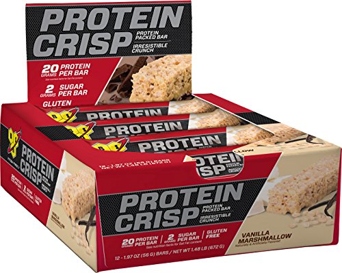 BSN Protein Crisp Bar by Syntha-6, Low Sugar Whey Protein Bar, 20g of Protein, Vanilla Marshmallow, 12 Count (Packaging may vary)