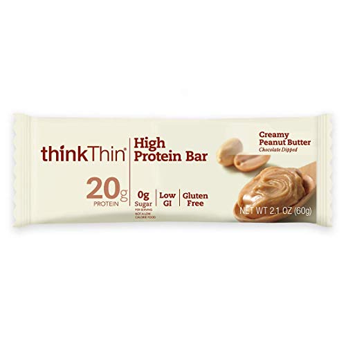 High Protein Bars by thinkThin – On The Go, 20g Protein, Low Sugar, Gluten Free, Non-GMO – Creamy Peanut Butter (10 Bars)